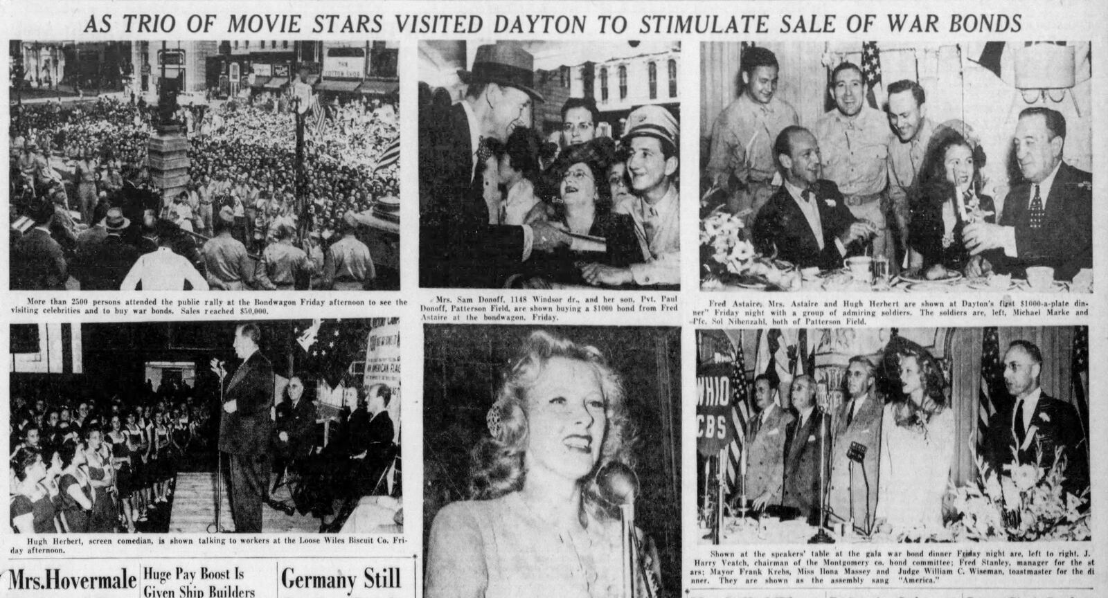 Sept. 19, 1942: Film stars Fred Astaire, Hugh Herbert and Ilona Massey visit Dayton for bond rally. DAYTON DAILY NEWS ARCHIVES