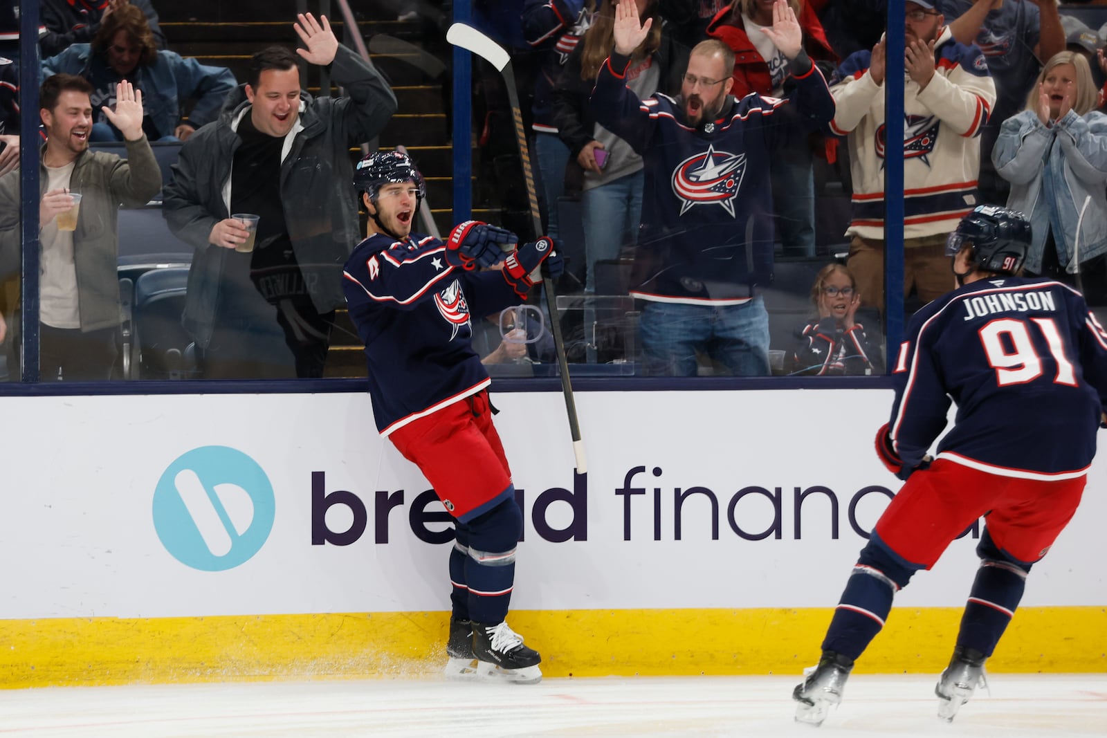 Columbus Blue Jackets' Cole Sillinger celebrates his goal against the Florida Panthers during the second period of an NHL hockey game Tuesday, Oct. 15, 2024, in Columbus, Ohio. (AP Photo/Jay LaPrete)