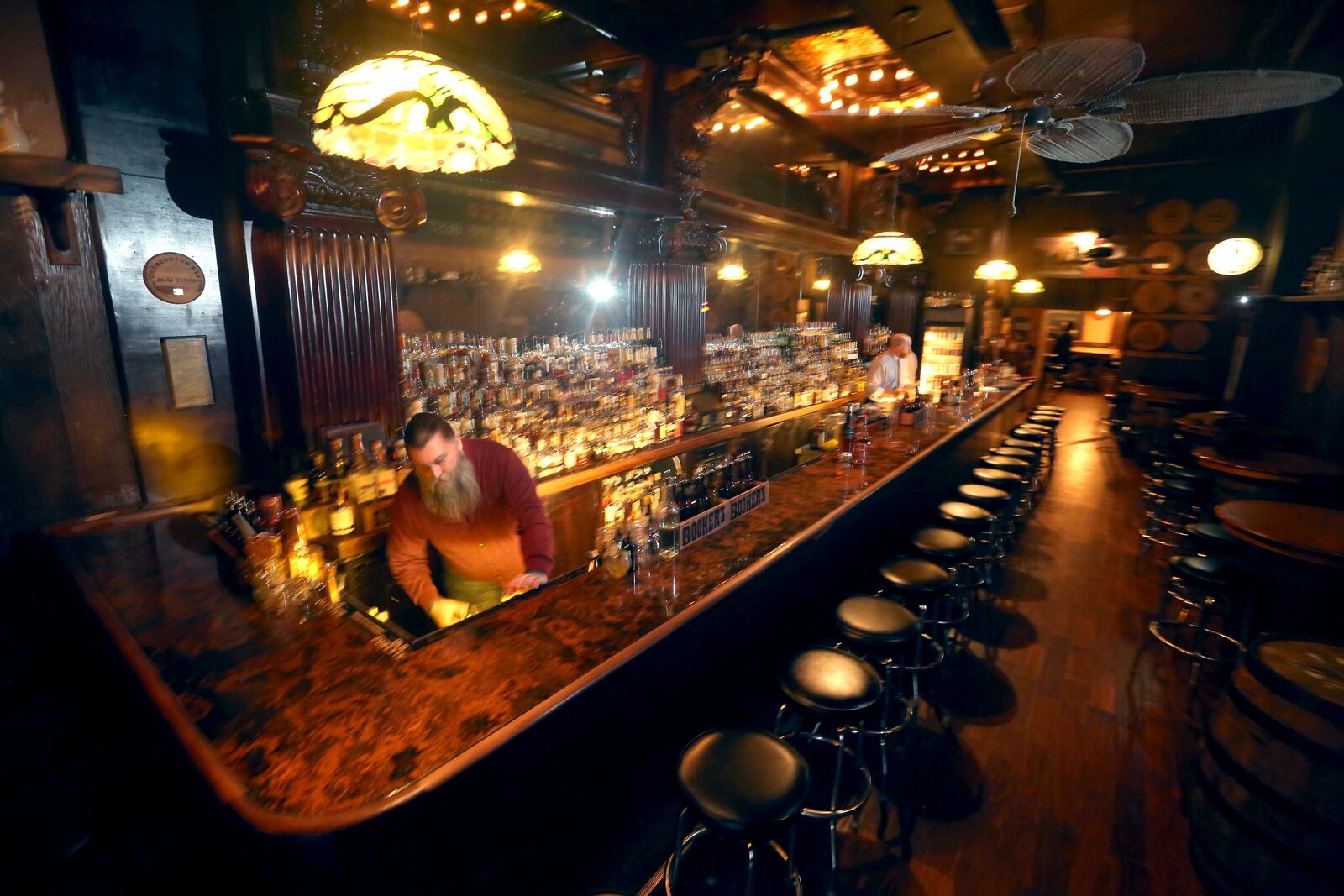 A historic back bar is the centerpiece of the Century Bar in downtown Dayton. Frank Steffen is said to have purchased the back bar around 1924 for Steffenâs, a male-only âcoffee shopâ that opened in the Centuryâs space three years after the Great Dayton Flood of 1913.  LISA POWELL / STAFF