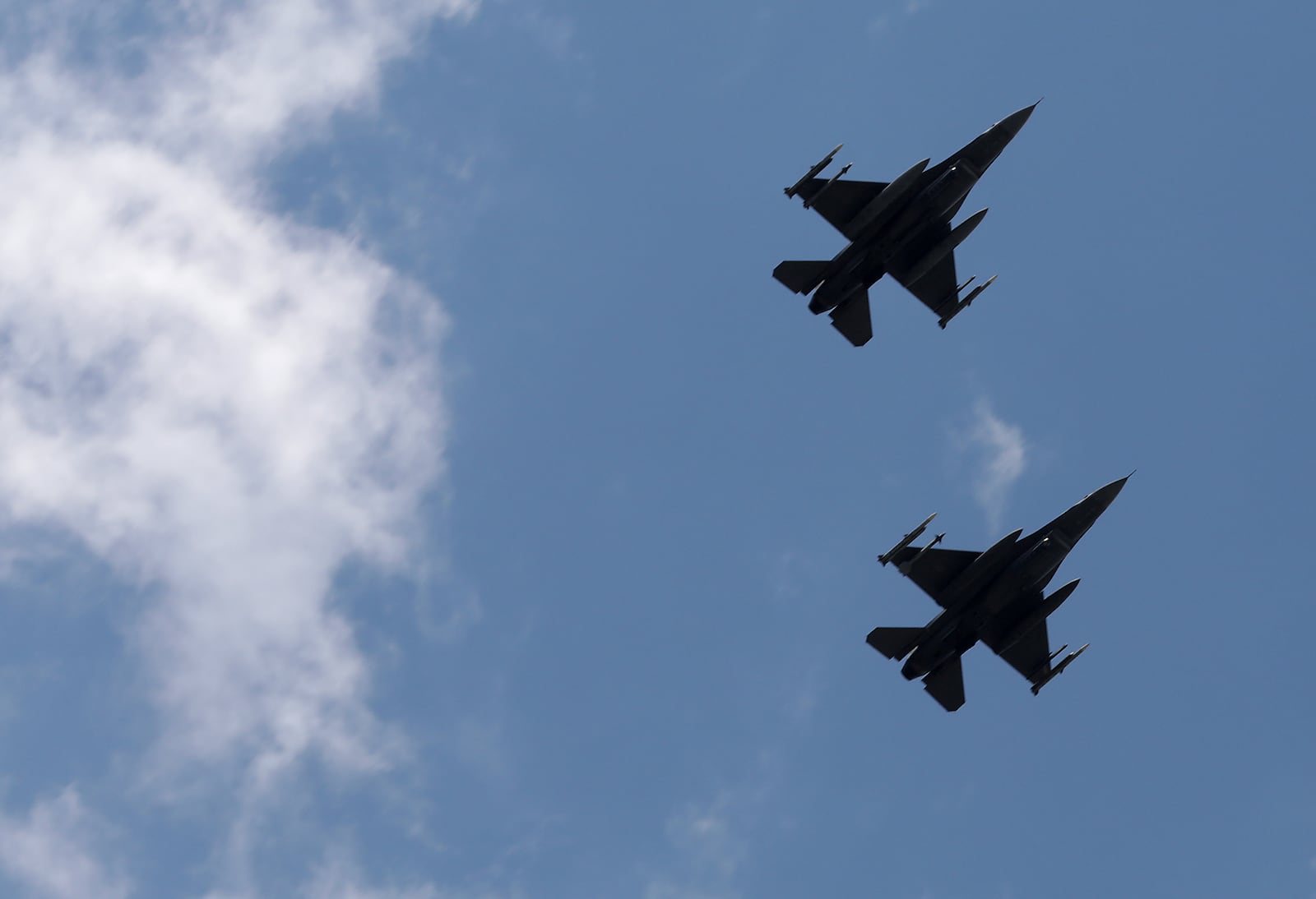 Two Ohio Air National Guard F-16's perform a fly-over of the Springfield Regional Medical Center as a salute to Ohio health care workers, first responders, military members and other essential personnel. BILL LACKEY/STAFF