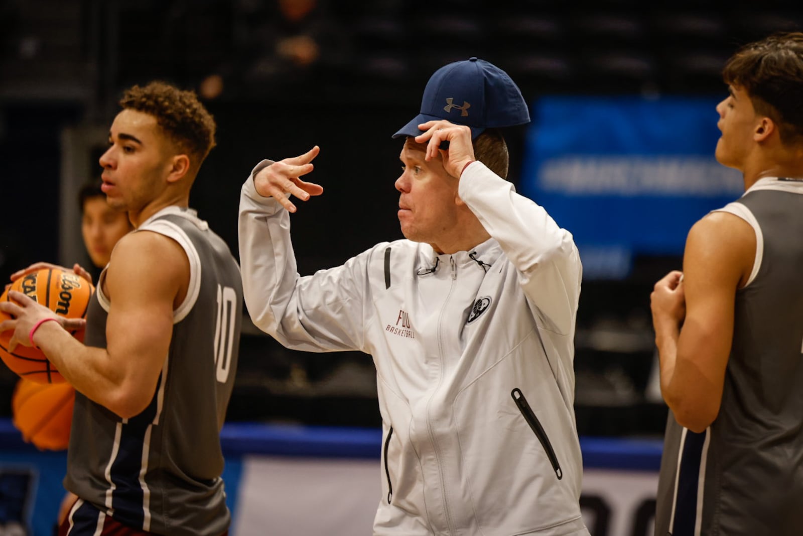 Fairleigh Dickinson head coach Tobin Anderson, center, during practice Tuesday, March 14, 2023, at the First Four at UD Arena. JIM NOELKER/STAFF