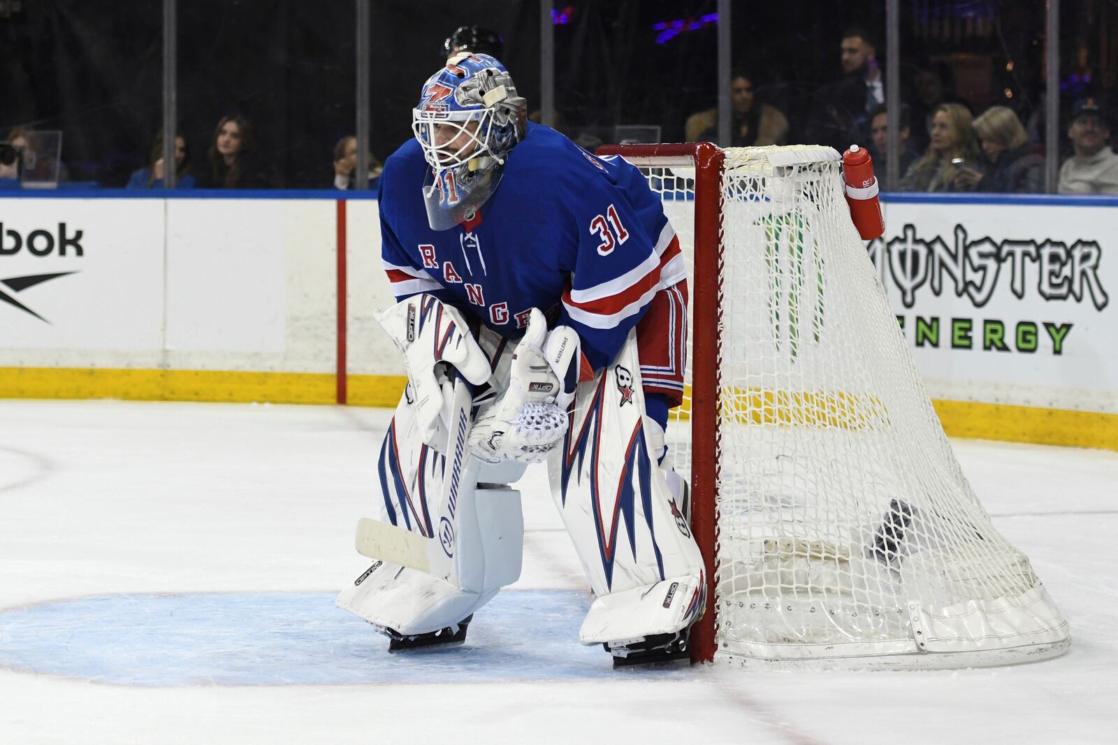 New York Rangers' Igor Shesterkin stands in the goal during the first period of an NHL hockey game against the Columbus Blue Jackets Saturday, Jan. 18, 2025, in New York. (AP Photo/Pamela Smith)