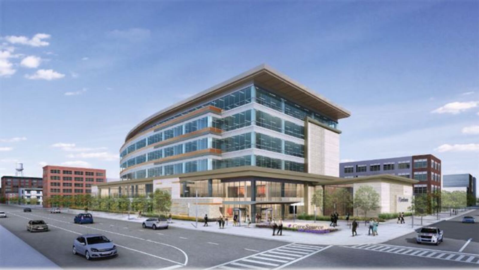 A rendering of the CareSource Center City building under construction on the 100 block of East First Street. CONTRIBUTED