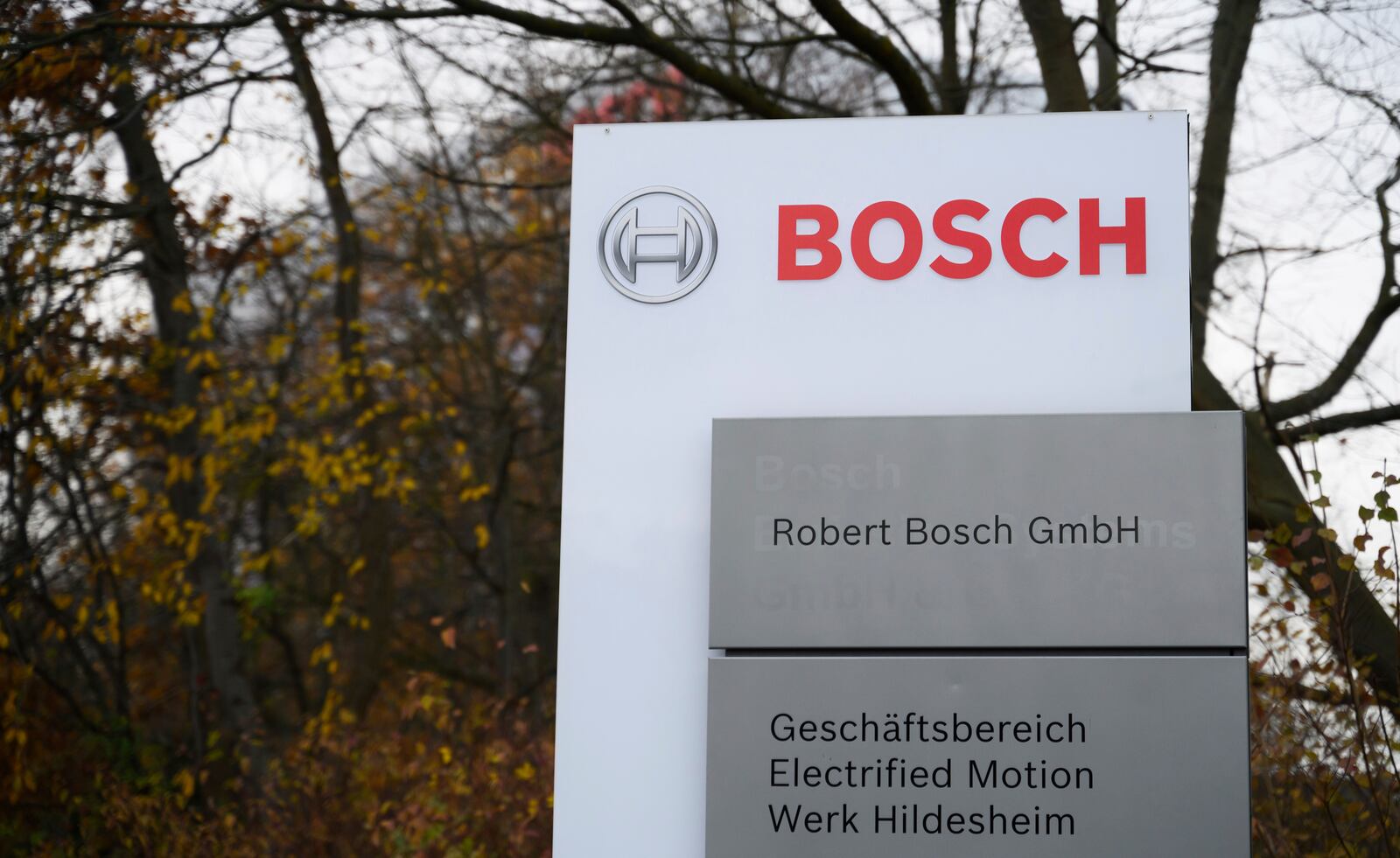 Signage stands at the entrance to the Bosch plant in Hildesheim, Germany, Friday, Nov 22, 2024. (Alicia Windzio/dpa via AP)