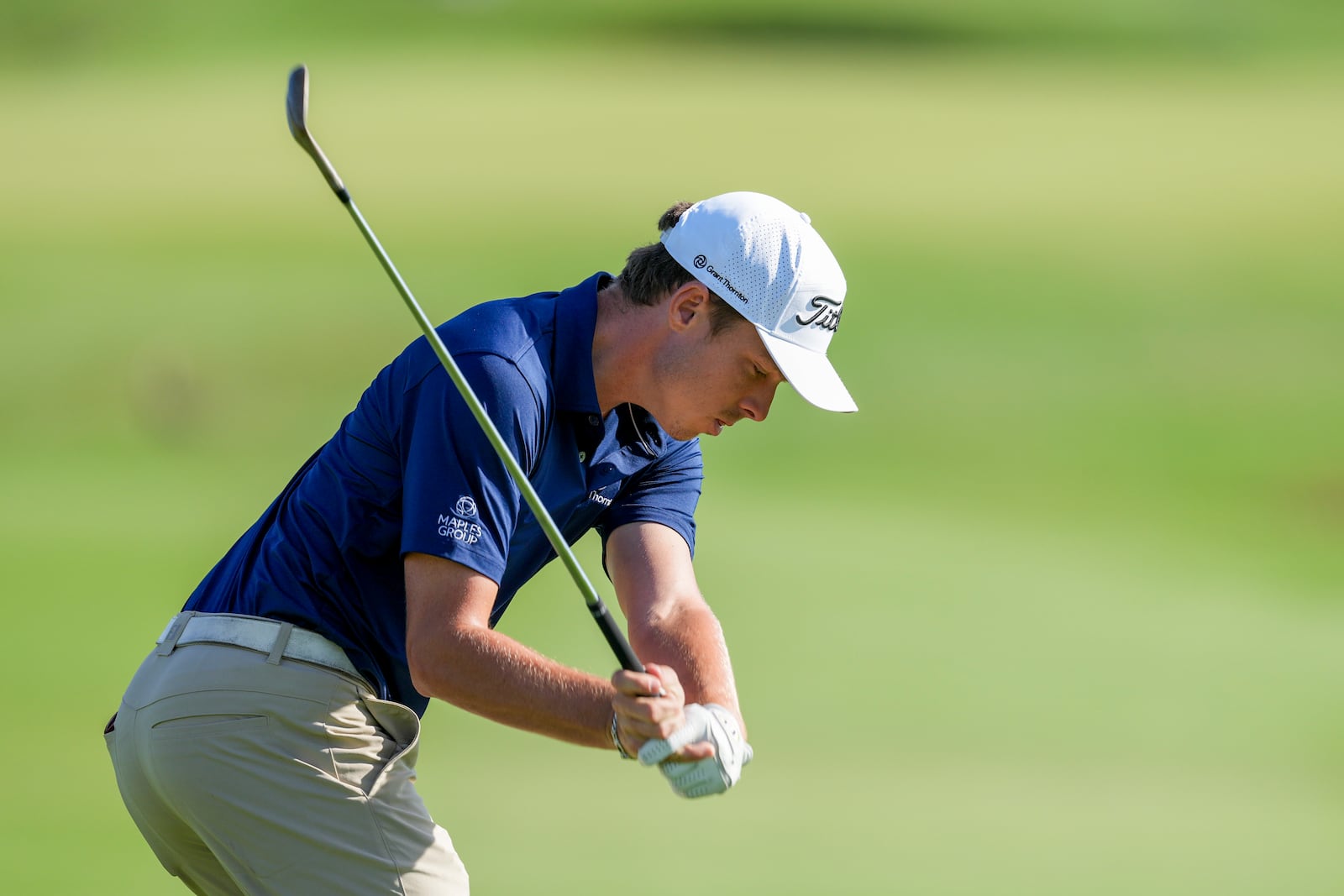 Justin Hastings, of Cayman Islands, hits on the fairway of the first hole during the third round of the Mexico Open golf tournament in Puerto Vallarta, Mexico, Saturday, Feb. 22, 2025. (AP Photo/Fernando Llano)