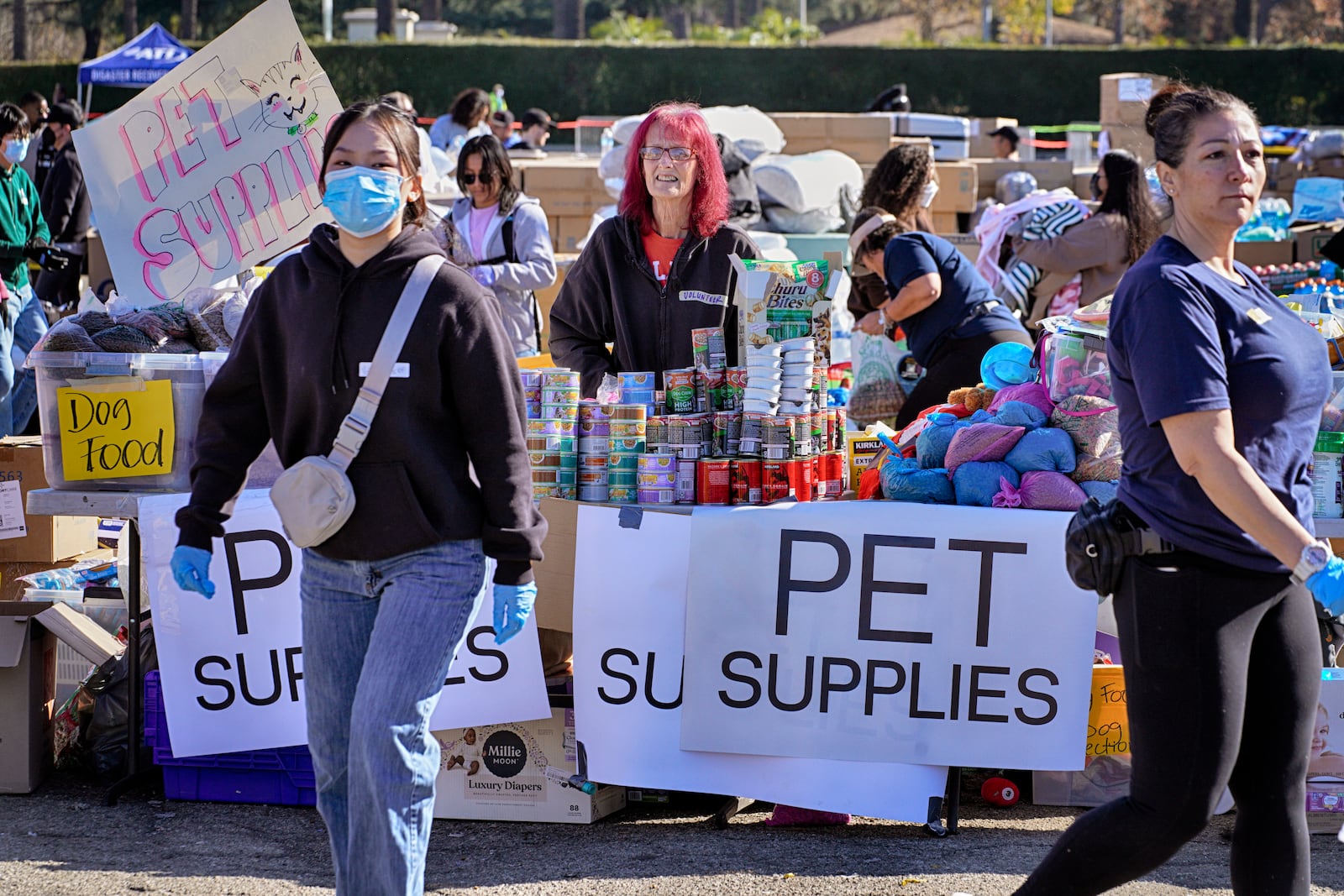 Volunteer Patty Matwey offers pet supplies to fire victims at a donation center at Santa Anita Park in Arcadia, Calif. on Wednesday, Jan. 15, 2025. (AP Photo/Richard Vogel)