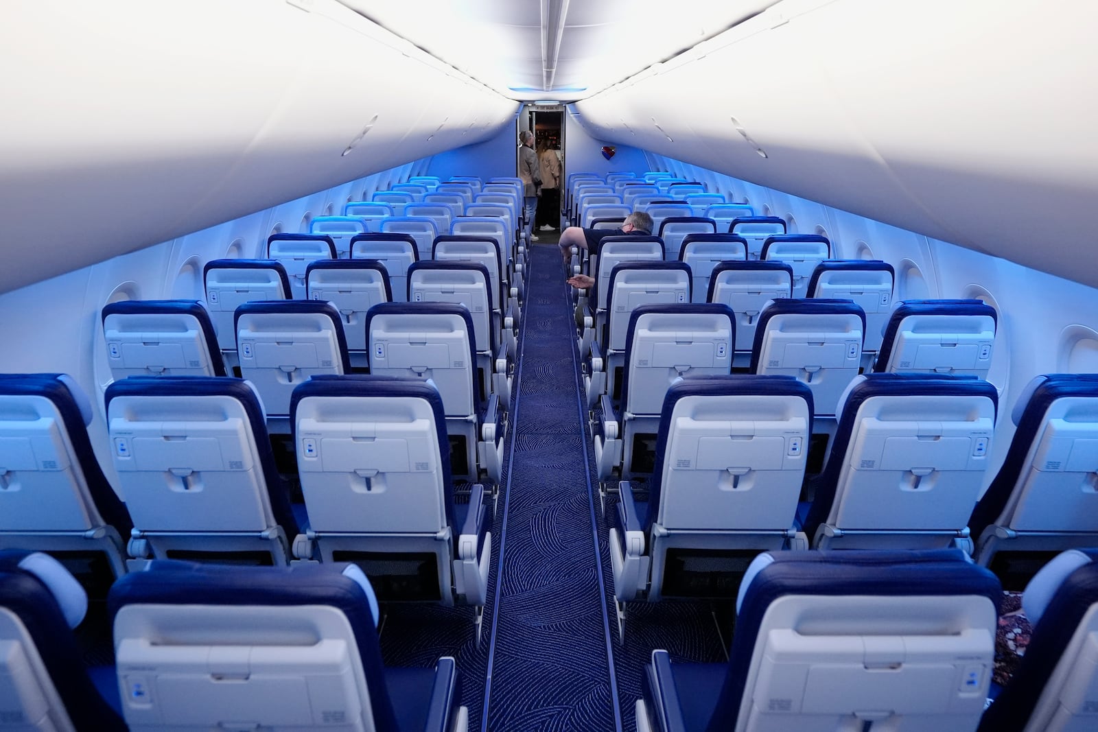 FILE - Rows of seats are shown on a retrofitted Southwest Airlines jet at Love Field, Sept. 26, 2024, in Dallas. (AP Photo/Tony Gutierrez, File)