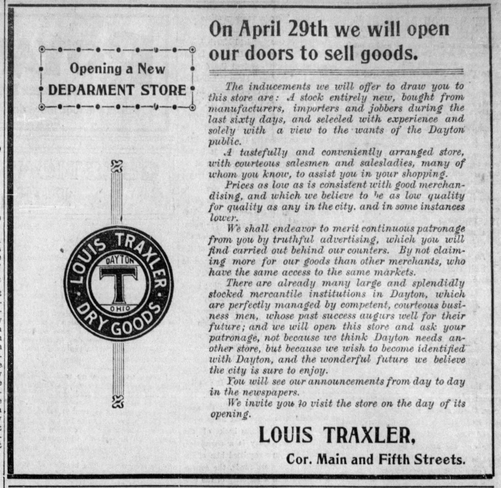 1899 advertisement for Louis Traxler Dry Goods from the archives of the Dayton Daily News.