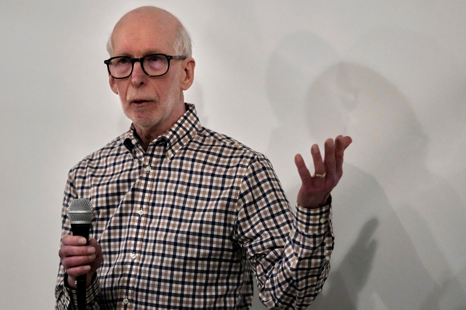 David McFarlane speaks during a town hall meeting at the George Culver Community Library Thursday, March 6, 2025, in Sauk City, Wis. (AP Photo/Morry Gash)