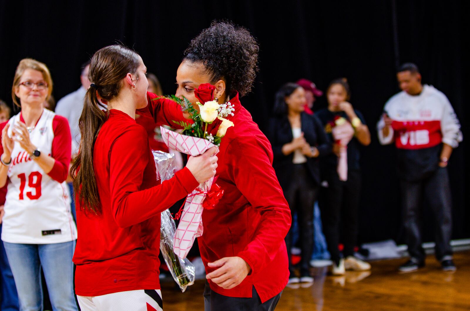 Miami's Peyton Scott embraces coach DeUnna Hendrix during pre-game Senior Day ceremonies on Saturday at Millett Hall. Ellison Neumann/Miami University