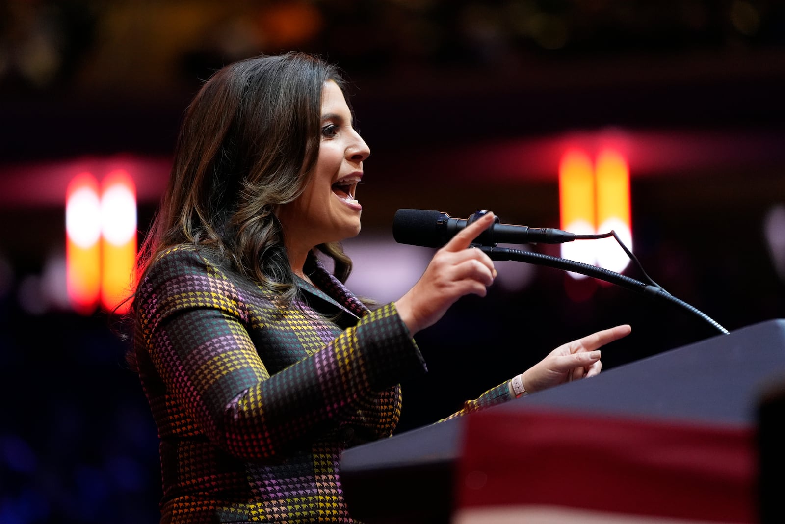 Rep. Elise Stefanik, R-N.Y., speaks before Republican presidential nominee former President Donald Trump at a campaign rally at Madison Square Garden, Sunday, Oct. 27, 2024, in New York. (AP Photo/Alex Brandon)