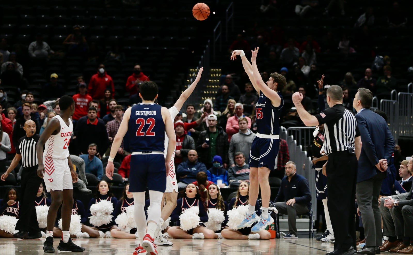 Richmond's Matt Grace makes a tie-breaking 3-pointer against Dayton with 1:40 to play in the semifinals of the Atlantic 10 Conference tournament on Saturday, March 12, 2022, at Capital One Arena in Washington, D.C. David Jablonski/Staff