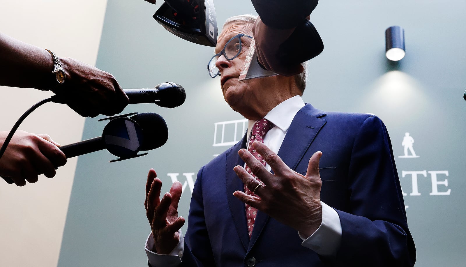 Ohio Governor Mike DeWine talks to the media Thursday, Jan. 30, 2025 at Wright State University.  The Governor was at the university to speak at the The Workforce Equation: Why child Care Matters for Ohio Businesses. MARSHALL GORBY\STAFF