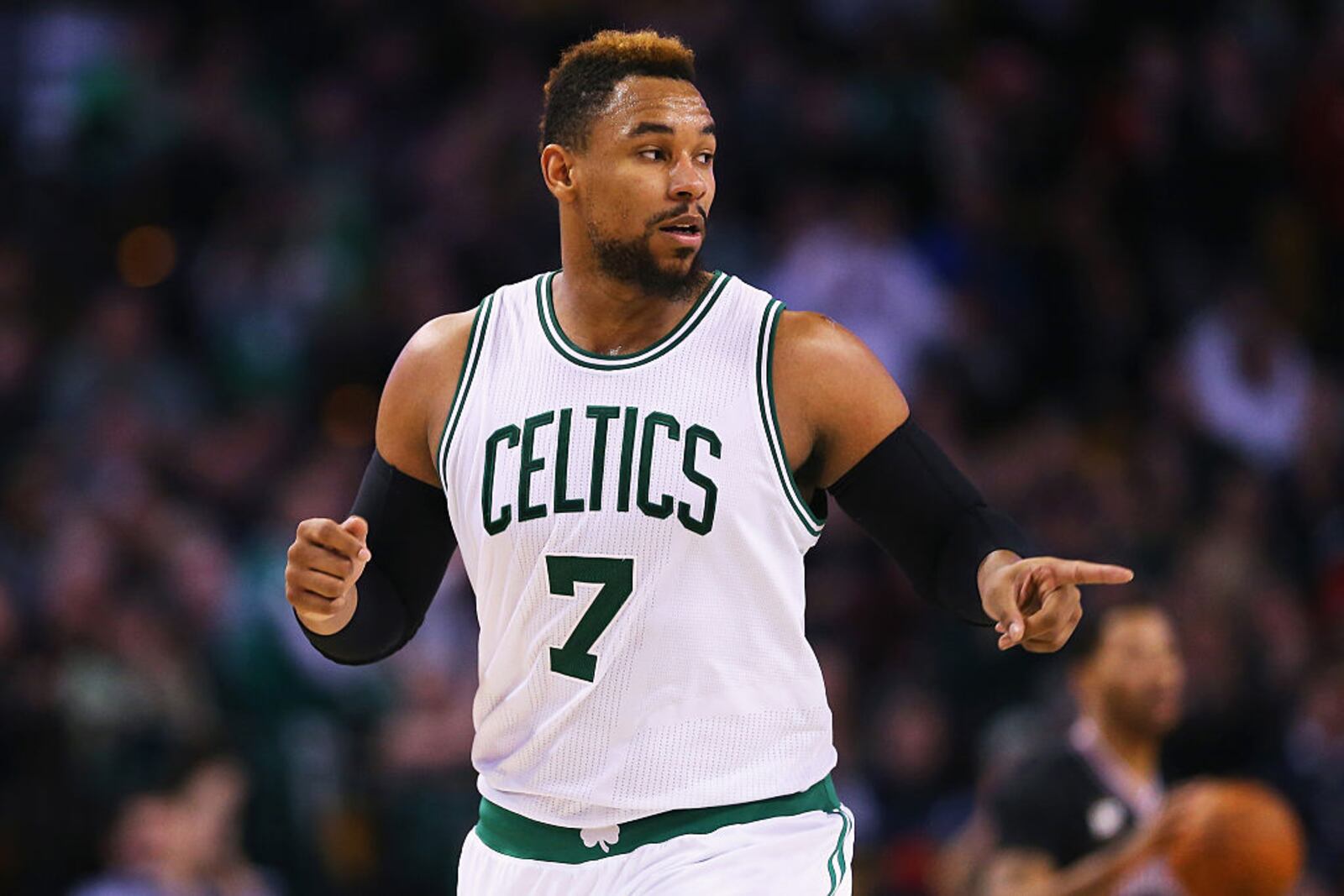 BOSTON, MA - JANUARY 22:  Jared Sullinger #7 of the Boston Celtics reacts during the fourth quarter against the Chicago Bulls at TD Garden on January 22, 2016 in Boston, Massachusetts. The Celtics defeat the Bulls 110-101. NOTE TO USER: User expressly acknowledges and agrees that, by downloading and/or using this photograph, user is consenting to the terms and conditions of the Getty Images License Agreement.  (Photo by Maddie Meyer/Getty Images)