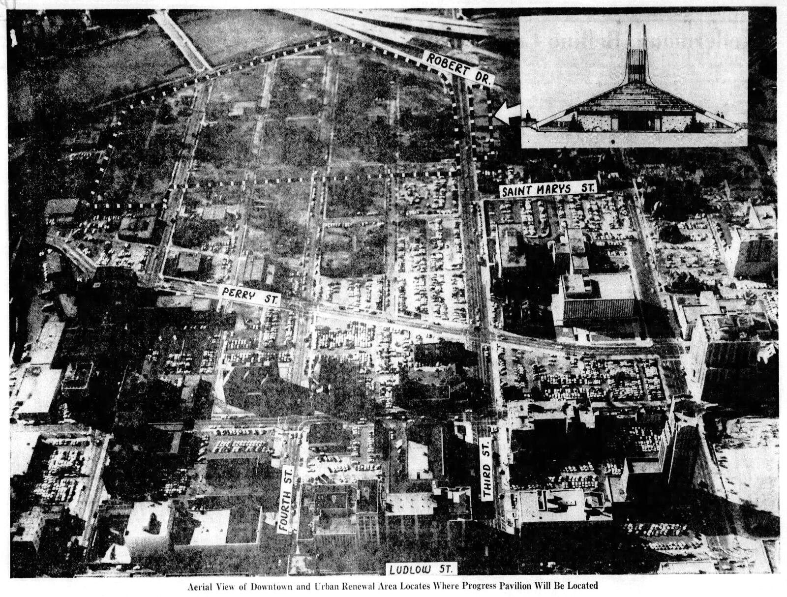 Aerial view of Downtown Dayton showing where Progress Pavilion was to be located.  DAYTON DAILY NEWS ARCHIVES