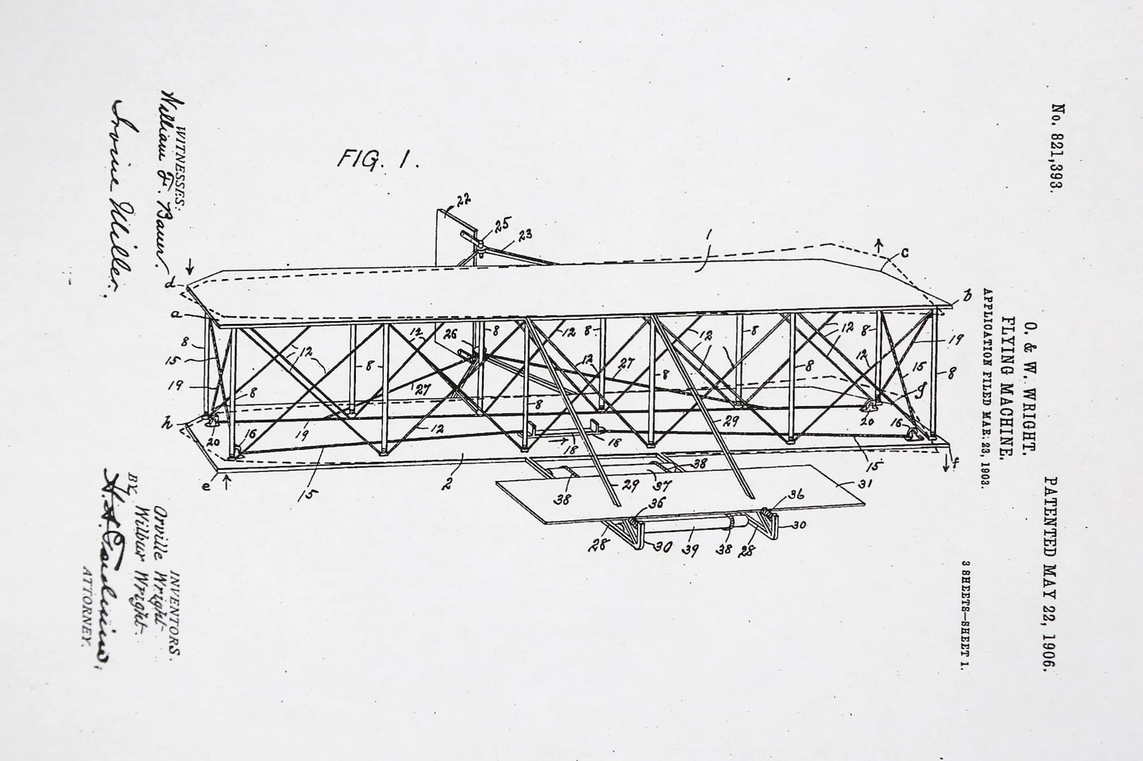 Orville and Wilbur Wright’s “Flying Machine” received a patent May 22, 1906. This is the first of three pages of illustrations that accompany the patent application.