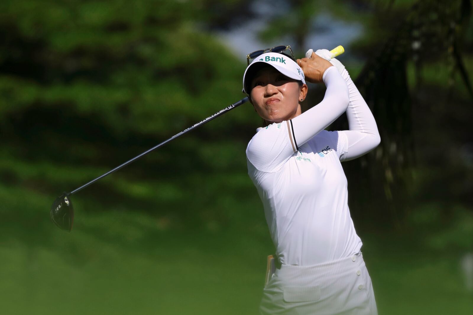 Lydia Ko of New Zealand tees off during the round four of the HSBC Women's World Championship 2025 at Sentosa Golf Club in Singapore, Sunday, March 2, 2025. (AP Photo/Suhaimi Abdullah)