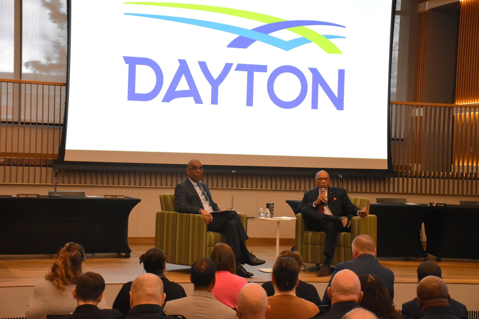 Dayton Mayor Jeffrey Mims Jr. answered questions from journalist Ray Marcano during the 2024 State of the City held Wednesday, Feb. 14, 2024, at the Dayton Metro Library. More than 100 people attended the yearly address. CORNELIUS FROLIK / STAFF