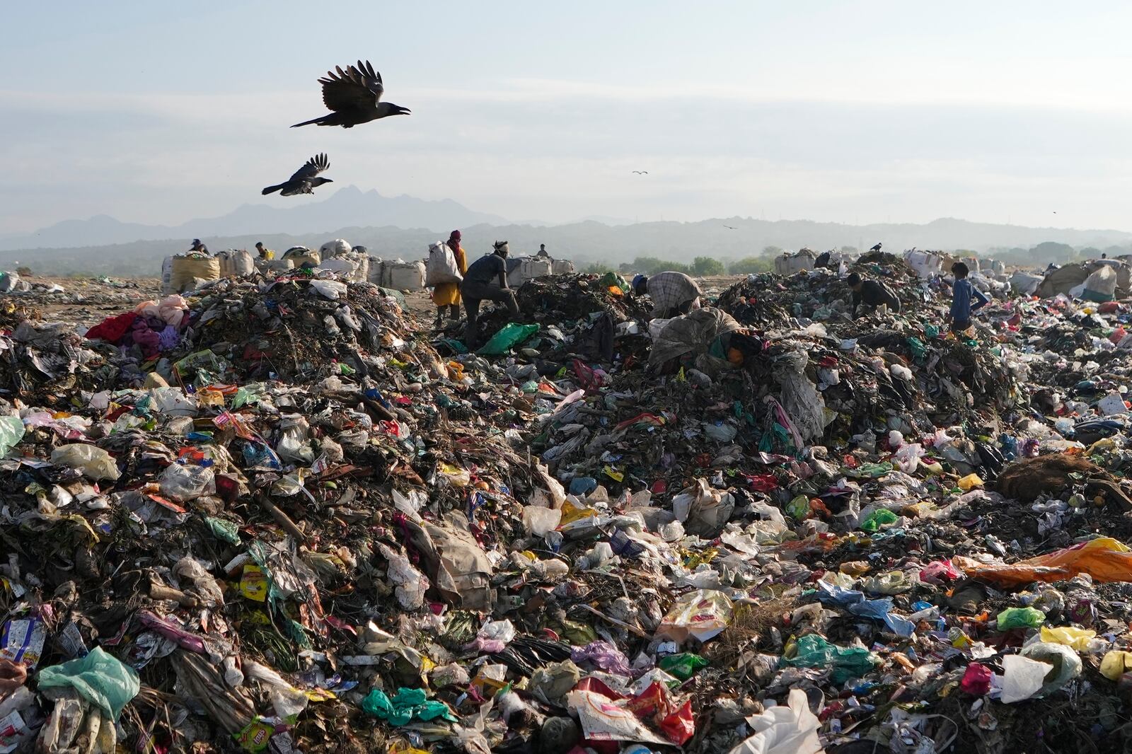 FILE - Indian rag pickers look for reusable material at a garbage dump filled with plastic and other waste material on the outskirts of Jammu, India, April 22, 2024. (AP Photo/Channi Anand, File)