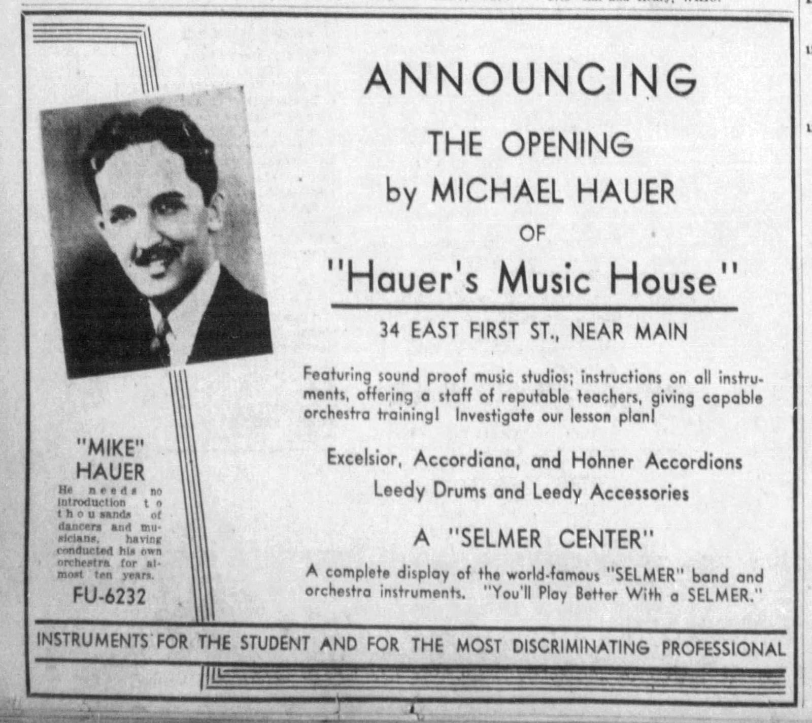 In 1937 Hauer founded Hauer’s Music House. at 34 E. First St. Originally a small basement studio, the store became the leading supplier of musical instruments across the region. DAYTON DAILY NEWS ARCHIVES