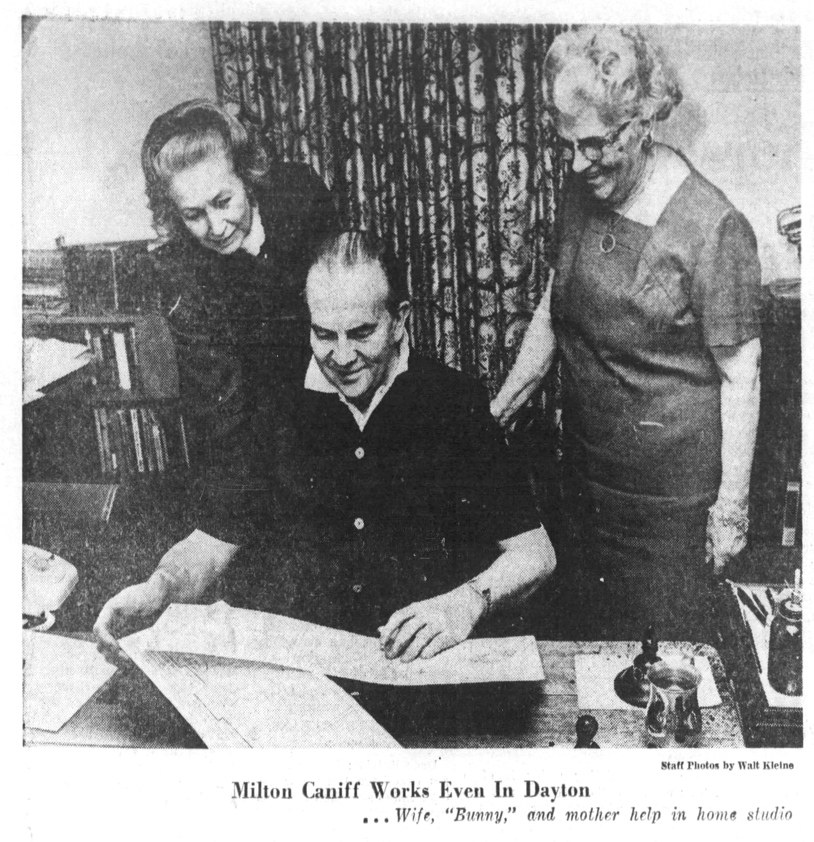 Milton Caniff back home in Dayton with his mother and wife, "Bunny." THE JOURNAL HERALD ARCHIVES