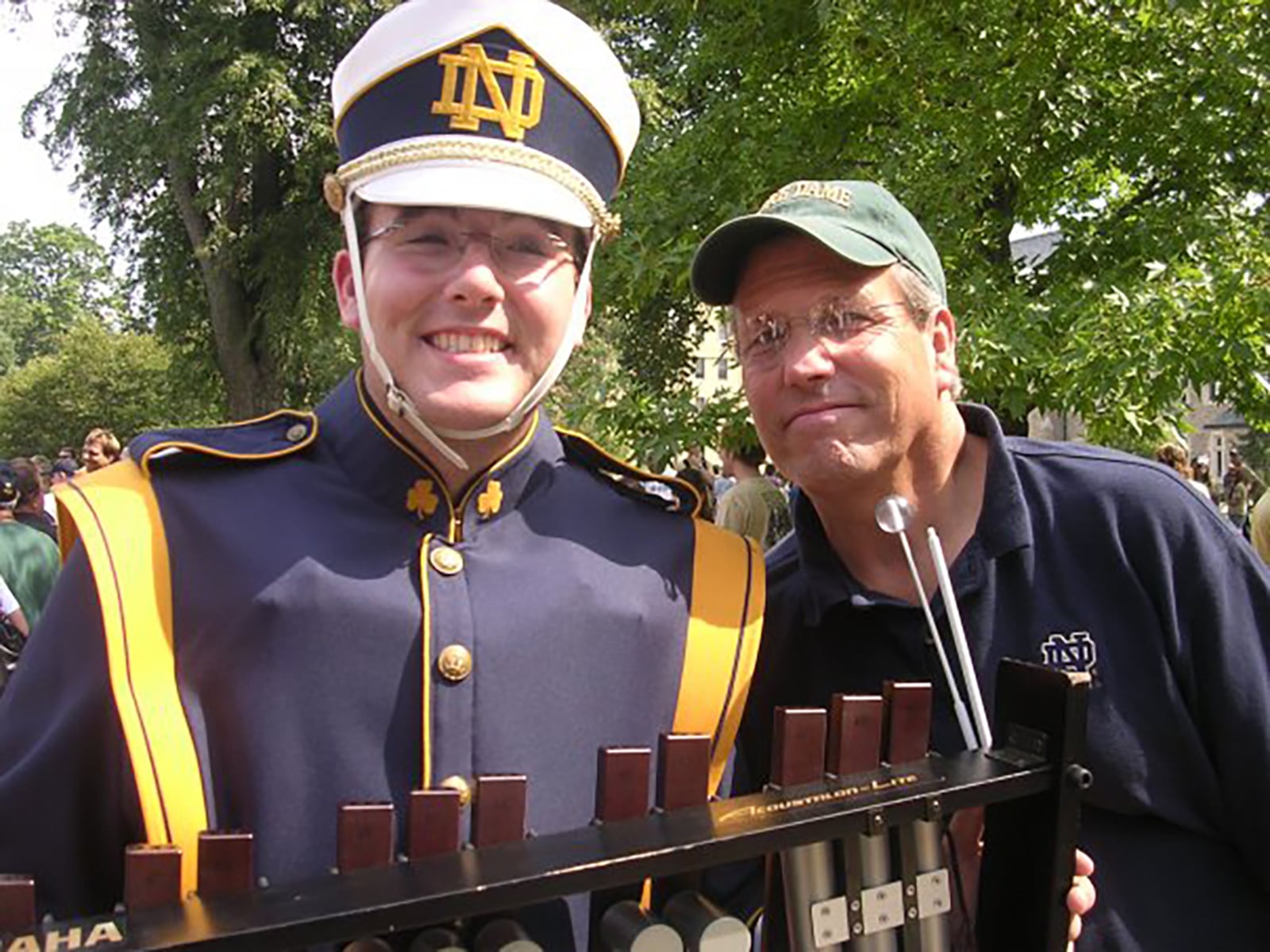 Melia (right) with his son Hal at Notre Dame in 2008. Though the younger Hal didn't make a career of music, he was drum major at Notre Dame and sings as well as plays music like both his parents.