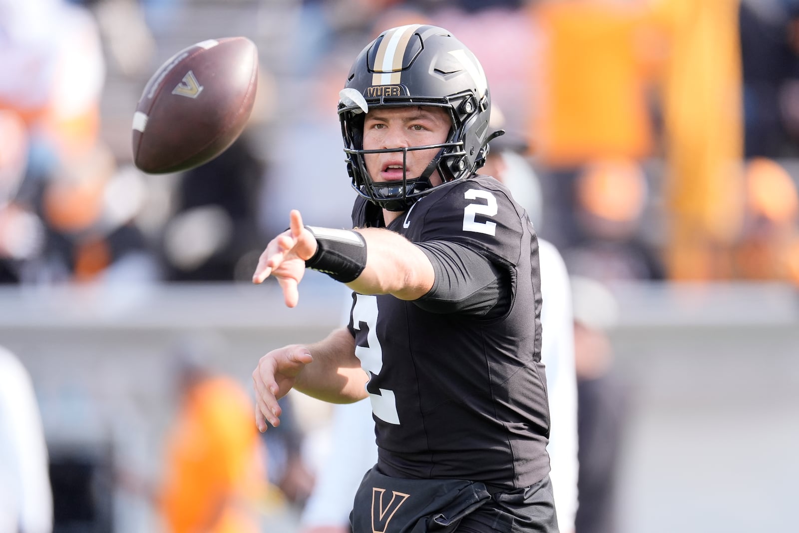 Vanderbilt quarterback Diego Pavia (2) warms up before an NCAA college football game against Tennessee, Saturday, Nov. 30, 2024, in Nashville, Tenn. (AP Photo/George Walker IV)