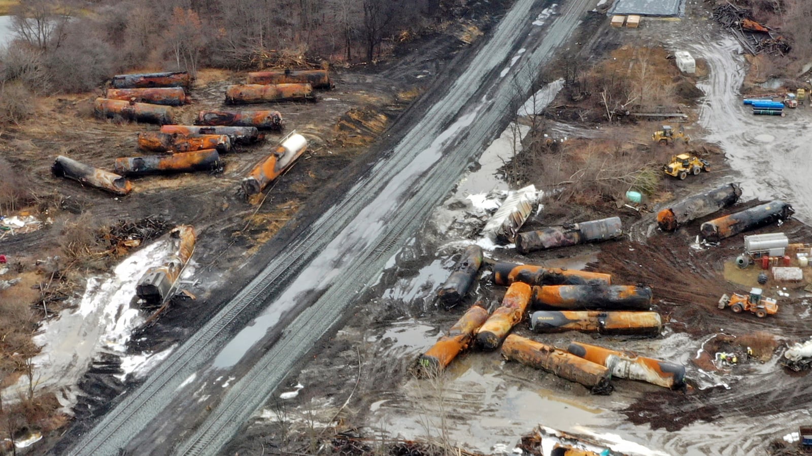 FILE - This image taken with a drone shows the continuing cleanup of portions of a Norfolk Southern freight train on Feb. 9, 2023, that derailed in East Palestine, Ohio. (AP Photo/Gene J. Puskar, File)