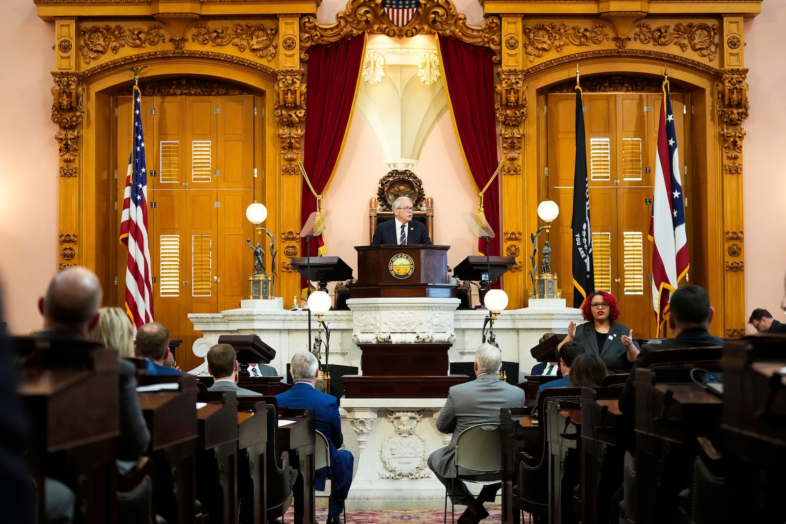 Ohio Gov. Mike DeWine gives the State of the State address in the Ohio House chambers at the Ohio Statehouse on Wednesday, March 12, 2025, in Columbus, Ohio. (Samantha Madar/The Columbus Dispatch via AP, Pool)