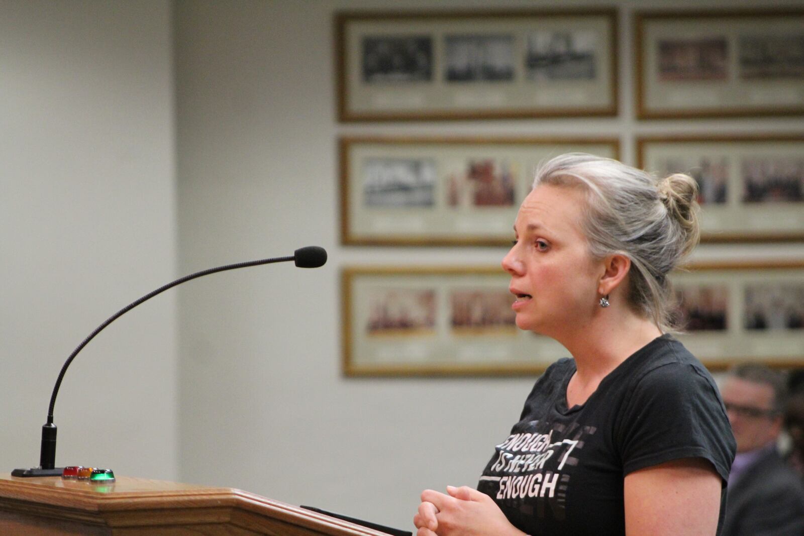 Melissa Bertolo speaks during the public comment portion of the Dayton City Commission meeting on Wednesday, June 29, 2022. CORNELIUS FROLIK / STAFF