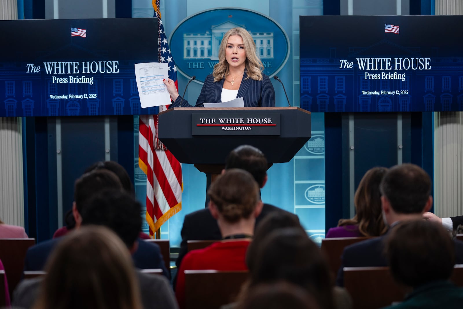 White House press secretary Karoline Leavitt speaks during a briefing at the White House, Wednesday, Feb. 12, 2025, in Washington. (AP Photo/Evan Vucci)