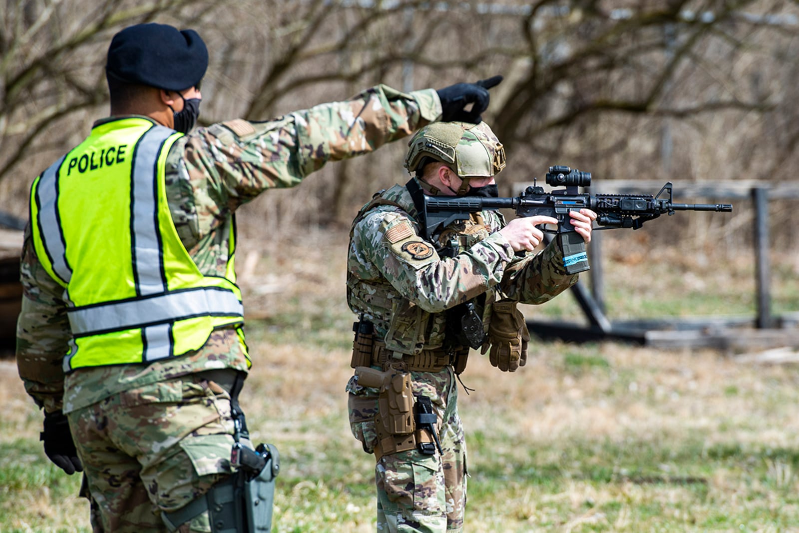 Staff Sgt. Jacob Reyes, 88th Security Forces Squadron unit training instructor, gives SFS “Defenders” a safety brief prior to conducting sustainment training with M4 carbine rifles and M18 pistols at Wright-Patterson Air Force Base on March 17. The training consisted of various drills, which required “Defenders” to react quickly and fire Simunition rounds at fixed targets. U.S. AIR FORCE PHOTO/WESLEY FARNSWORTH