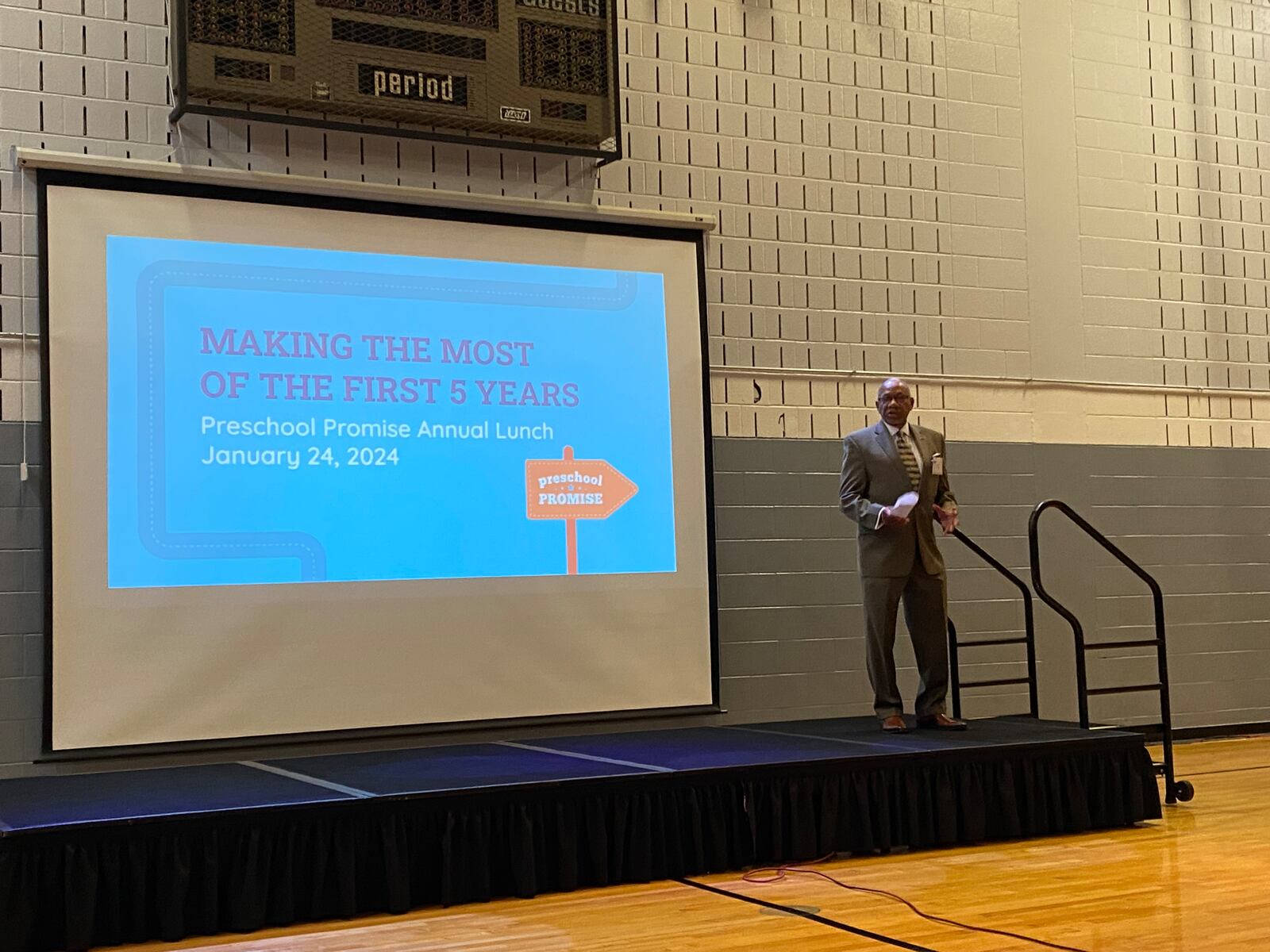 Dayton mayor Jeff Mims speaks during a Preschool Promise annual meeting Wednesday at Stepping Stones Learning Center. Eileen McClory/ staff