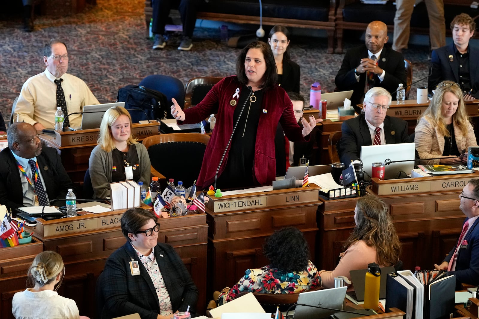 Rep. Aime Wichtendahl, D-Hiawatha, speaks during debate on the gender identity bill, Thursday, Feb. 27, 2025, at the Statehouse in Des Moines, Iowa. (AP Photo/Charlie Neibergall)