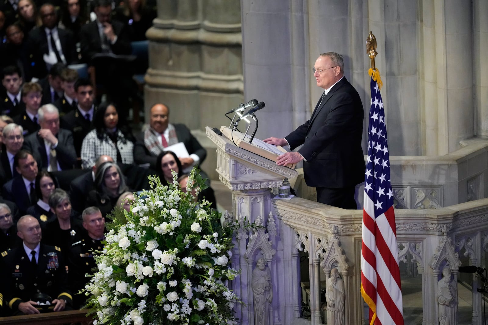 Ted Mondale, son of the late former Vice President Walter Mondale, speaks a tribute written by his father, during the state funeral for former President Jimmy Carter at Washington National Cathedral in Washington, Thursday, Jan. 9, 2025. (AP Photo/Ben Curtis)