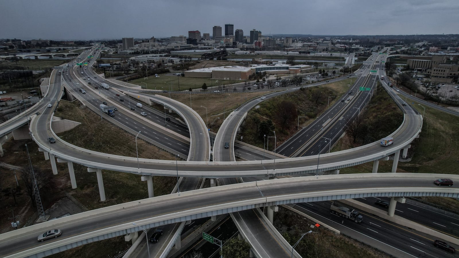 A drone photo of the convergence of U.S. 35 and Interstate 75 with the city of Dayton in the background. JIM NOELKER/STAFF