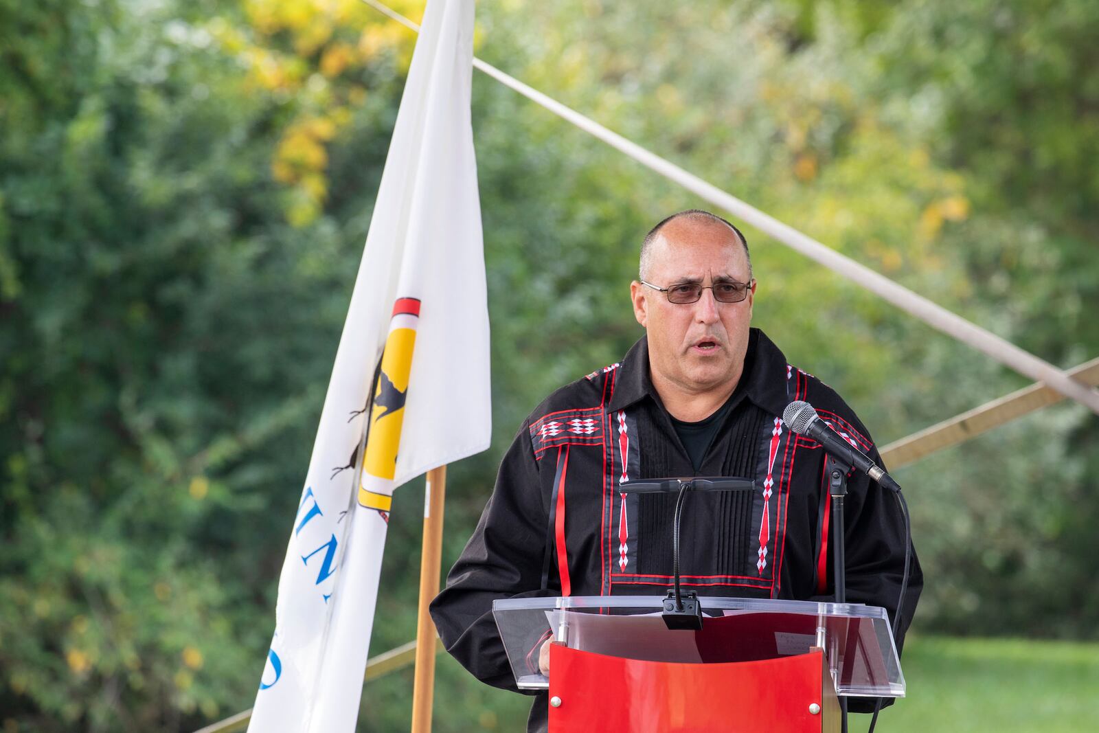 Miami Tribe of Oklahoma Chief Douglas Lankford addresses the hundreds that attended the Day of Remembrance ceremony on Oct. 11, 2021, at Miami University. On Oct. 11, 1846, nearly 330 members of the Miami Tribe were removed from the homes in Oxford and relocated to what's now known as Kansans and eventually Oklahoma. PHOTO: MIAMI UNIVERSITY