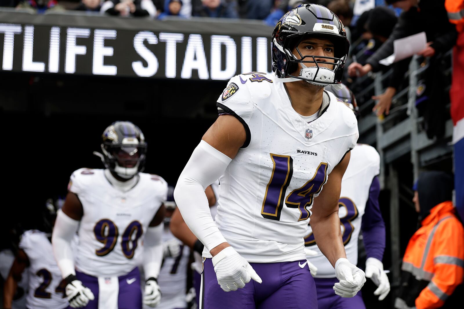 FILE - Baltimore Ravens safety Kyle Hamilton (14) takes the field for an NFL football game against the New York Giants, Dec. 15, 2024, in East Rutherford, N.J. (AP Photo/Adam Hunger, File)