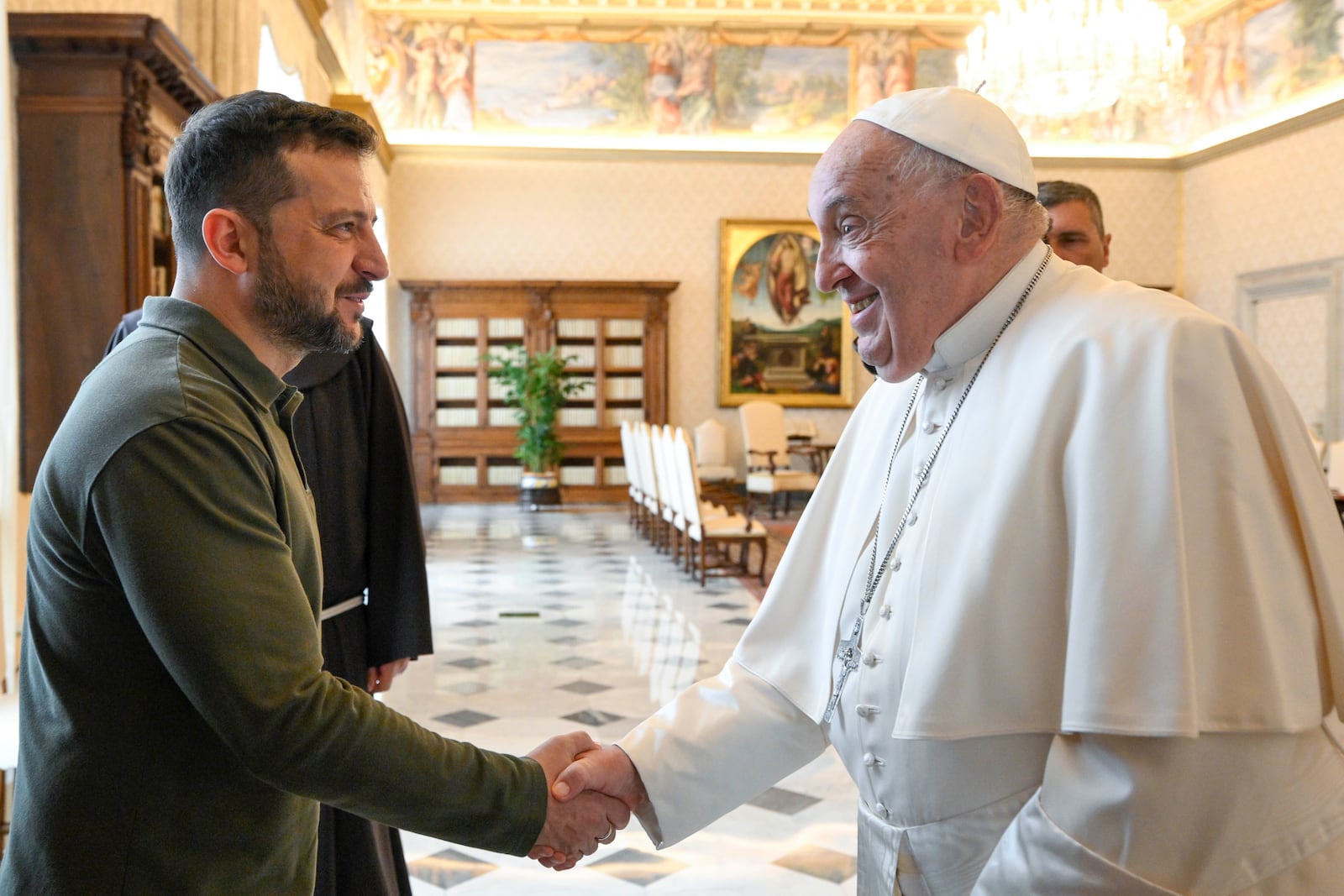 Ukraine's President Volodymyr Zelenskyy, left, arrives for a private audience with Pope Francis at The Vatican, Friday, Oct. 11, 2024. (Vatican Media via AP)