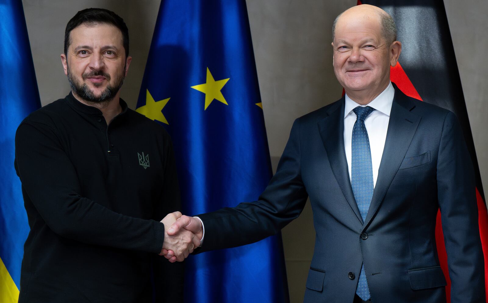 Germany's Chancellor Olaf Scholz, right and Ukraine's President Volodymyr Zelenskyy, meet for talks at the Munich Security Conference, in Munich, Germany, Saturday, Feb.15, 2025. (Sven Hoppe/DPA via AP, Pool)