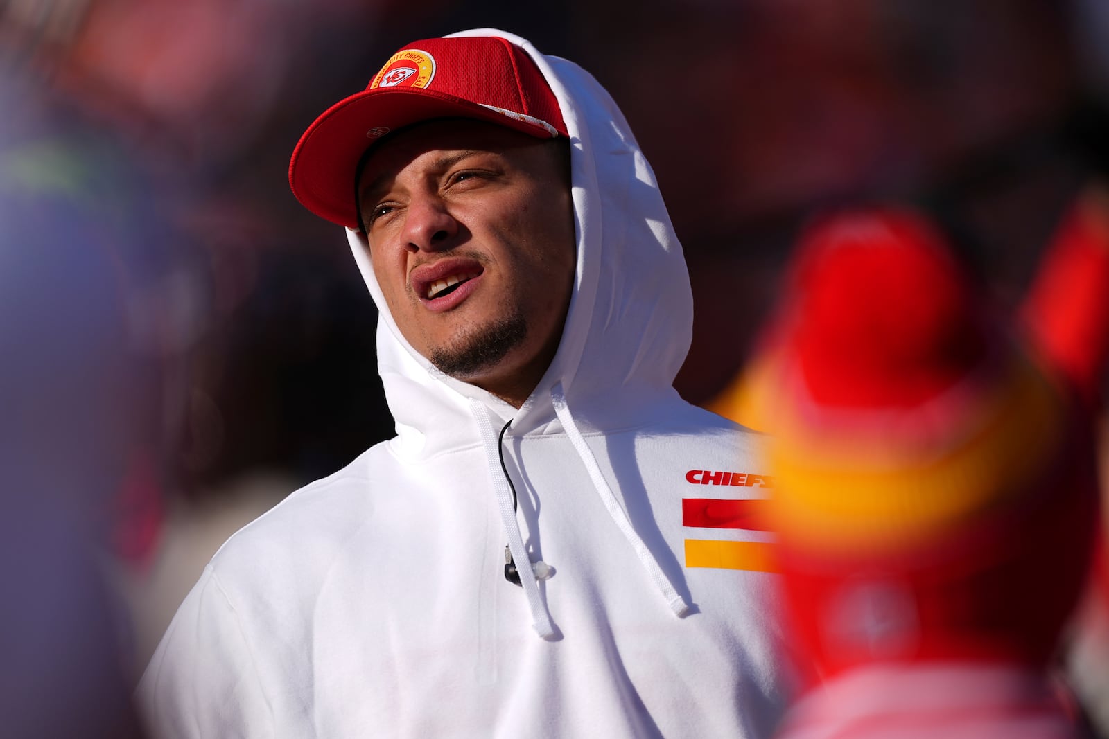 Kansas City Chiefs quarterback Patrick Mahomes is seen before an NFL football game against the Denver Broncos Sunday, Jan. 5, 2025, in Denver. (AP Photo/David Zalubowski)