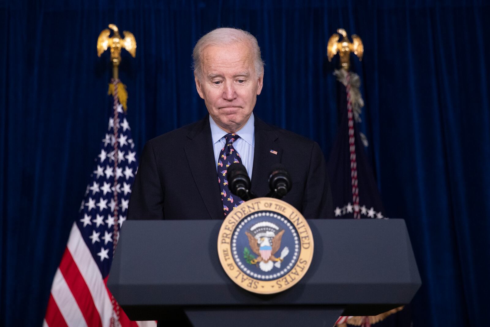 President Joe Biden discusses the deadly tornadoes that killed at least 70 overnight, largely in Kentucky, at the Chase Center in Wilmington, Del. Saturday, Dec. 11, 2021. Biden has already approved an emergency declaration for Kentucky. “We’re going to get through this, and we’re going to get through this together,”. Biden said. “The federal government is not going to walk away.”  (Tom Brenner/The New York Times) ..