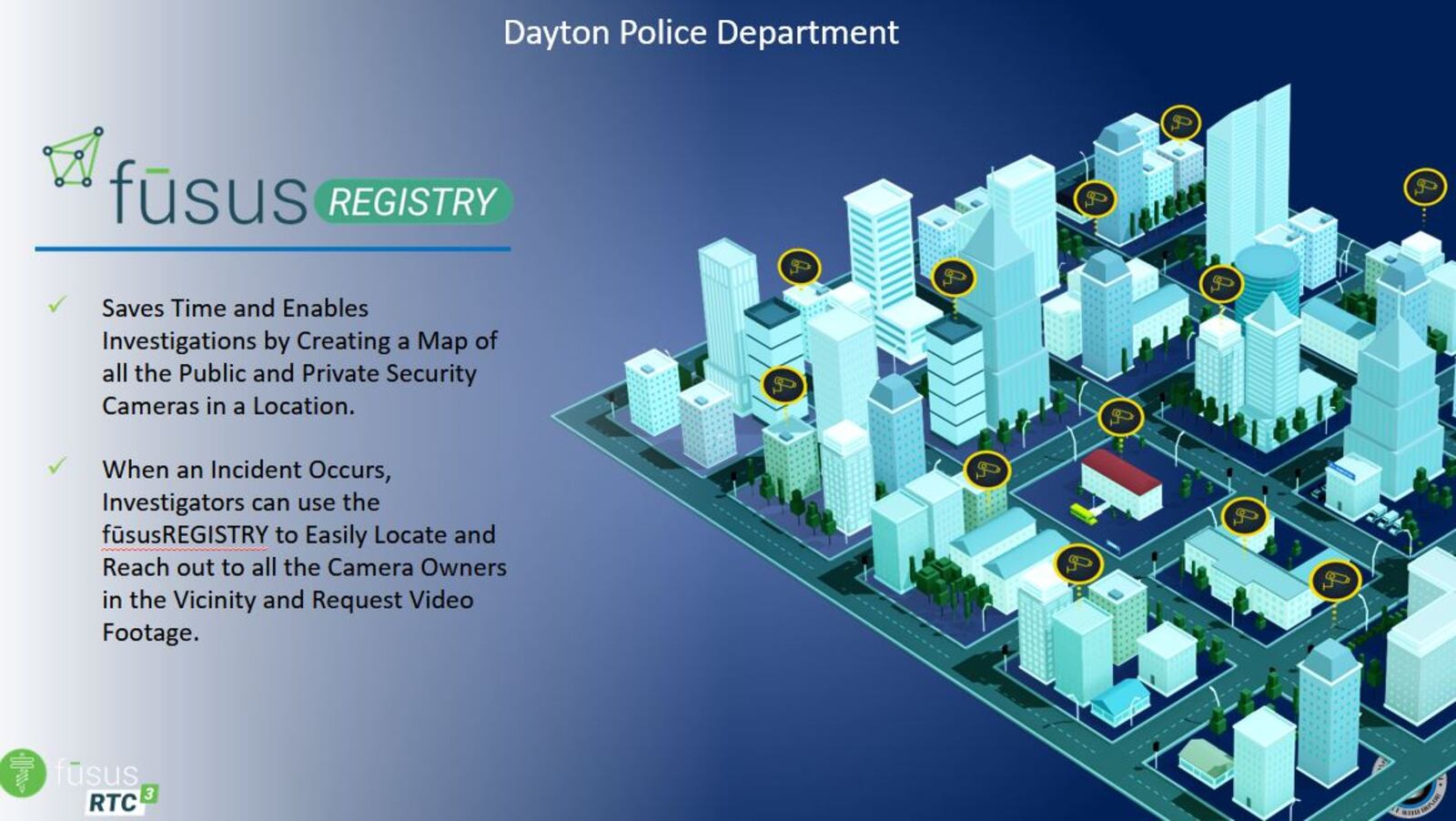 A slide from a presentation provided by the Dayton Police Department about the Fusus system and camera registry. CONTRIBUTED