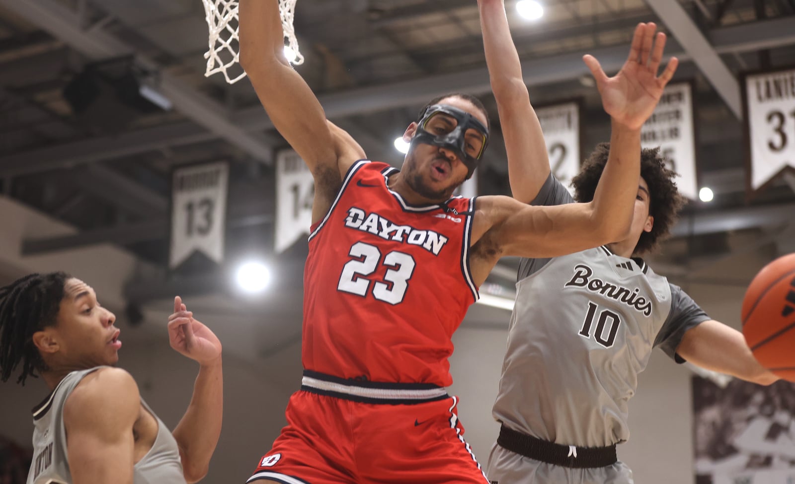 Dayton's Zed Key loses the ball against St. Bonaventure on Tuesday, Jan. 28, 2025, at the Reilly Center in St. Bonaventure, N.Y.. David Jablonski/Staff