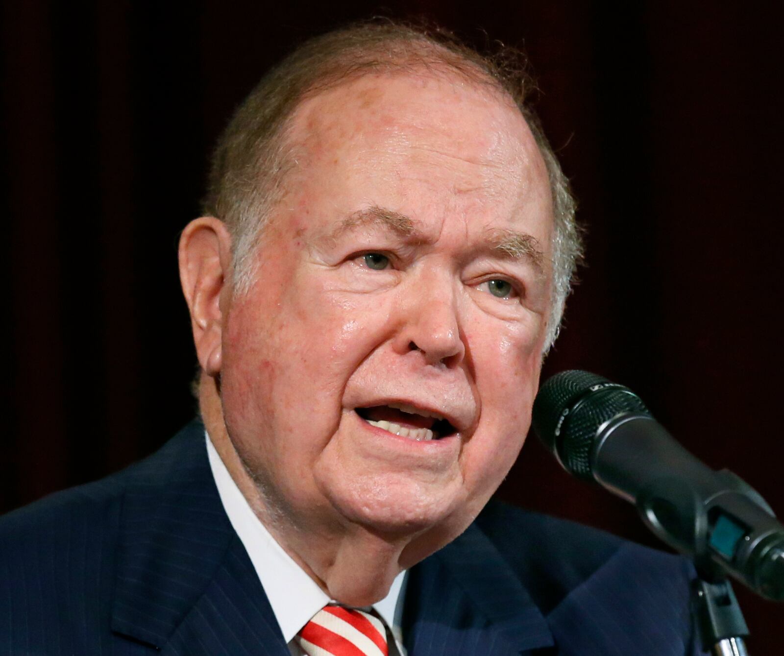 FILE - In this Sept. 20, 2017, file photo, University of Oklahoma President David Boren, a former Democratic governor and U.S. senator, speaks at a news conference in Norman, Okla. (AP Photo/Sue Ogrocki, File)