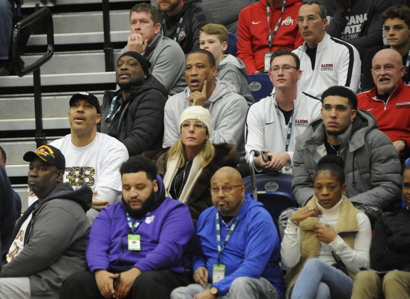 Three members (second row) of the Ball family: LaVar (left), wife Tina and middle son LiAngelo. Prolific Prep defeated Spire Academy 94-59 in Flyin’ to the Hoop at Trent Arena on Monday, Jan. 21, 2019. MARC PENDLETON / STAFF