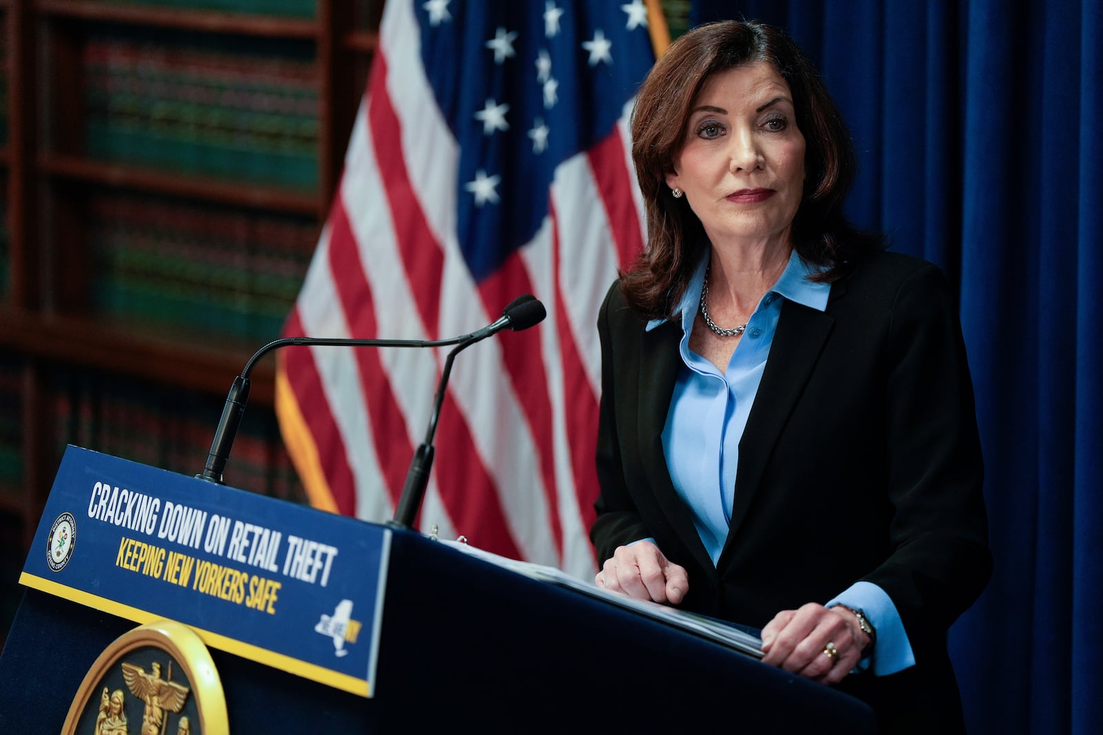 FILE - New York Gov. Kathy Hochul speaks at a press conference in the Queens borough of New York, Nov. 26, 2024. (AP Photo/Julia Demaree Nikhinson, File)