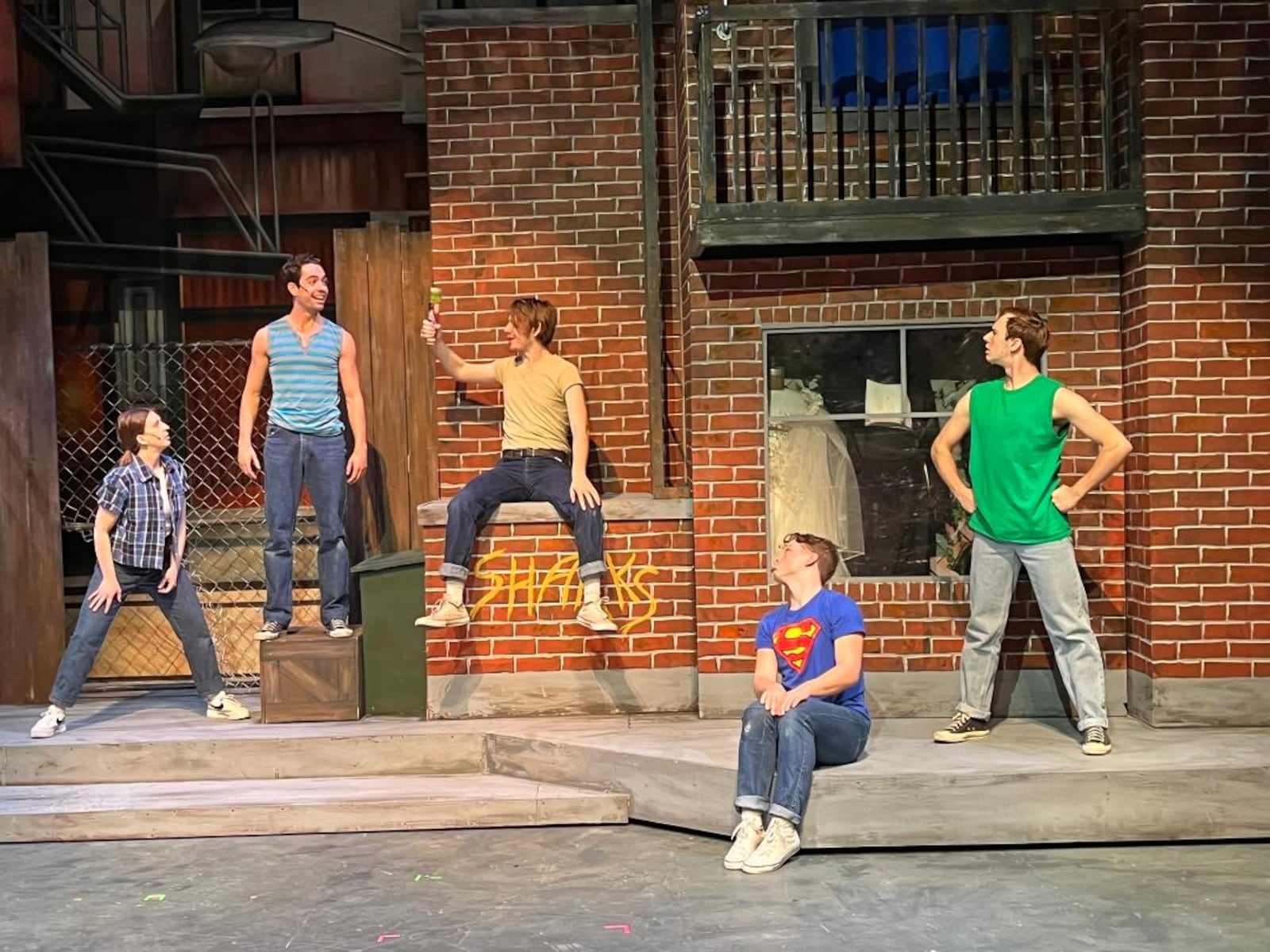 Left to right: Laurel Dobrozsi (Anybodys), Jordan Thomas Burnett (Action), Allyn Bessee (Diesel), Jarrett R. Crowthers (Baby John) and Riley Vogel (Snowboy) in La Comedia Dinner Theatre's production of "West Side Story." PHOTO BY JUSTIN WALTON