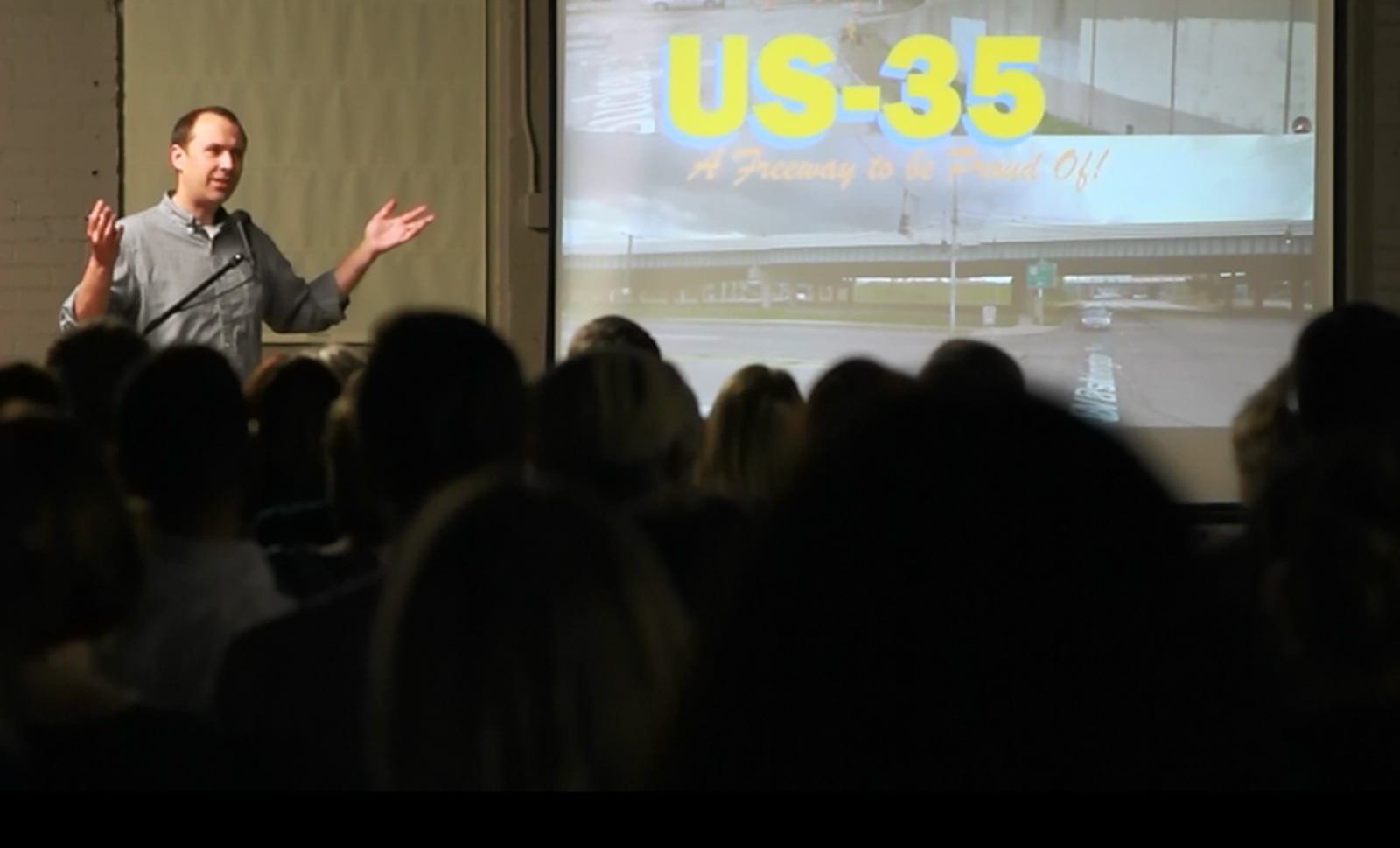 Matt Sauer presenting his freeway removal proposal at PechaKucha Night Dayton in 2016. (CONTRIBUTED)