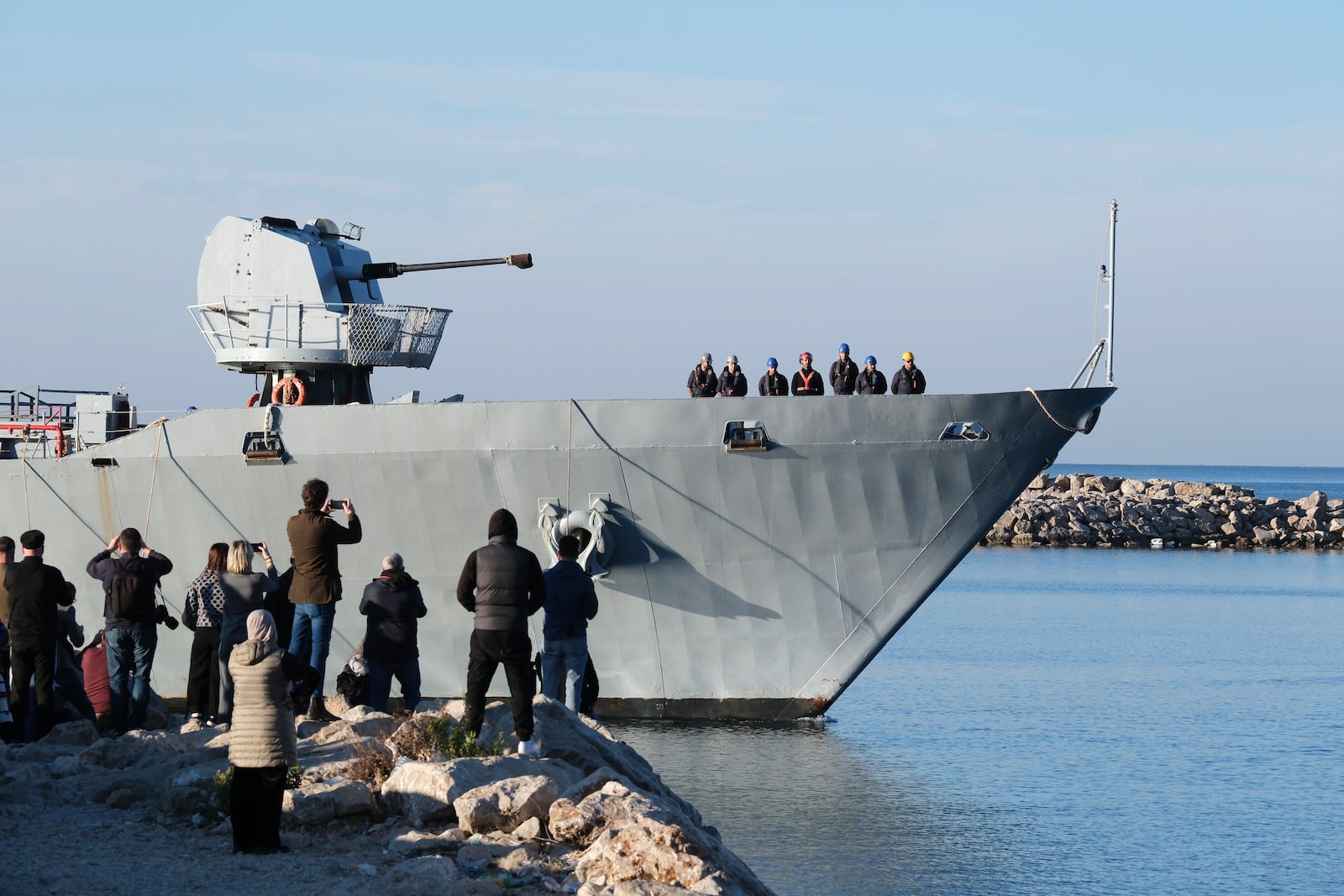 The Italian navy ship Libra arrives at the port of Shengjin, northwestern Albania, Friday, Nov. 8, 2024, with the second group of eight migrants intercepted in international waters to be processed there in a reception facility despite the failure with the first group in October.(AP Photo/Vlasov Sulaj)